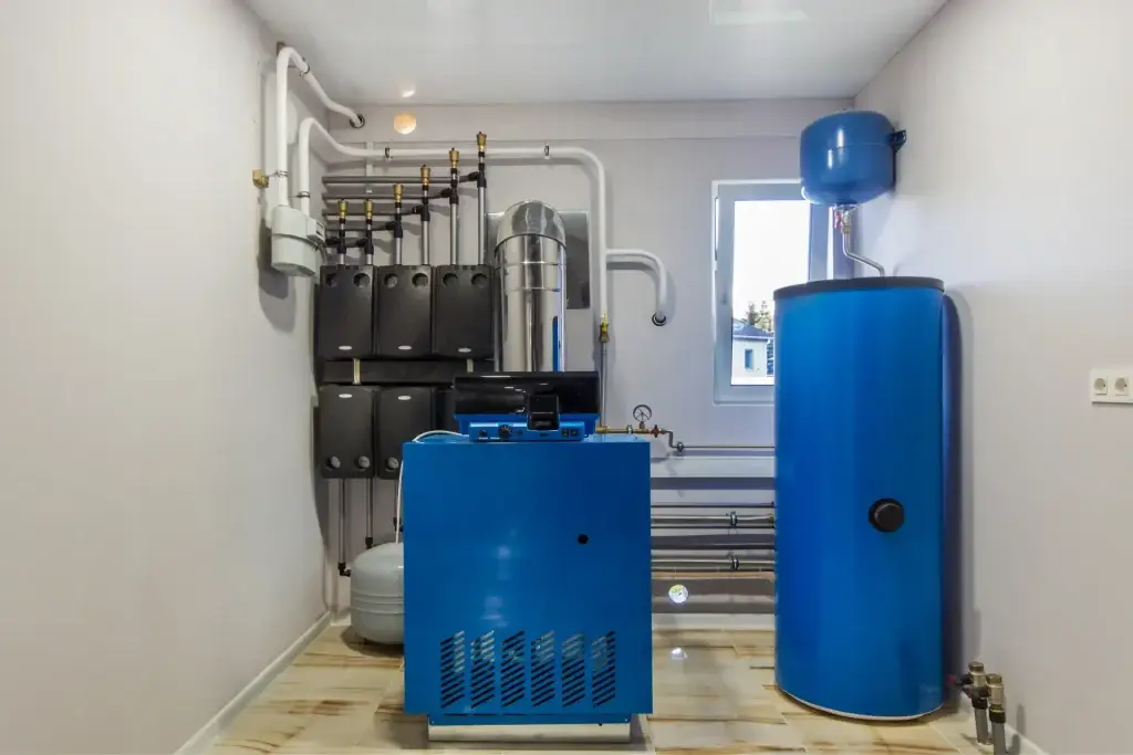 A modern thermal store system in a utility room, featuring a blue tank and various pipework for efficient heat storage and distribution.