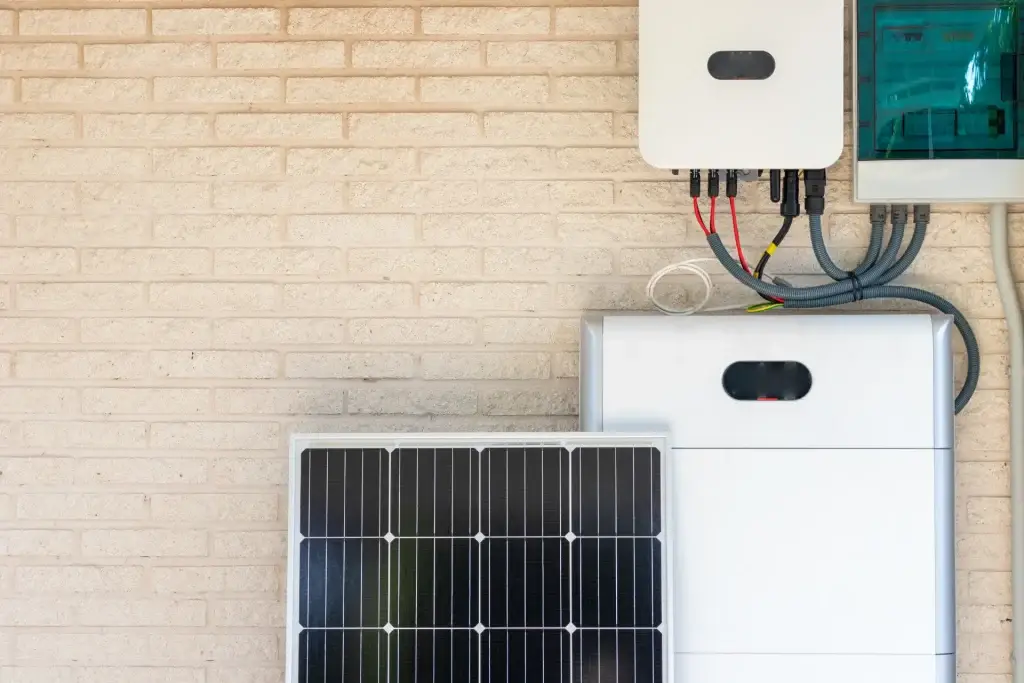 Solar electricity generation setup with solar panels and inverter installed on an exterior brick wall.